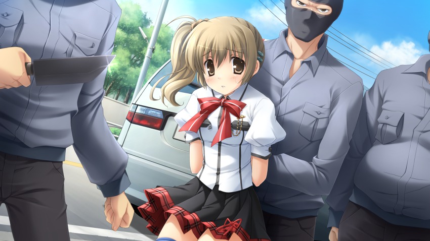 1girl, 3boys, balaclava, bow, bowtie, brown_eyes, brown_hair, game_cg