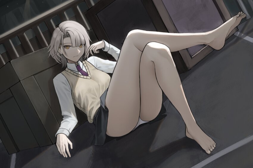 1girl, absurdres, ass, bare_legs, barefoot, black_skirt, blue_skirt, breasts, brown_hair, collared_shirt, crossed_legs, expressionless, frown, full_body, girls'_frontline, girls'_frontline_2:_exilium, hand_up, highres, knee_up, leg_up, legs, lynx_aidenn, medium_breasts, medium_hair, miniskirt, necktie, on_floor, pleated_skirt, red_necktie, shirt, sitting, skirt, solo, thighs, upskirt, vector_(girls'_frontline), vector_(girls'_frontline_2), vector_(vivi_sometimes_hides_her_molotovs)_(girls'_frontline_2), vest, white_shirt, yellow_eyes