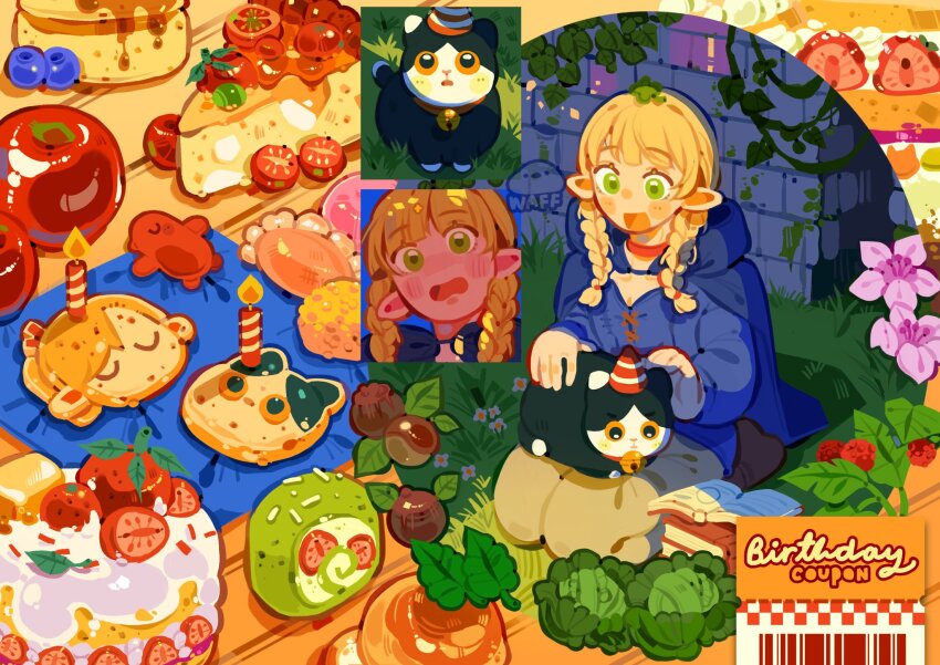 0waff537, 1girl, animal, animal_collar, animal_on_lap, bell, birthday, blonde_hair