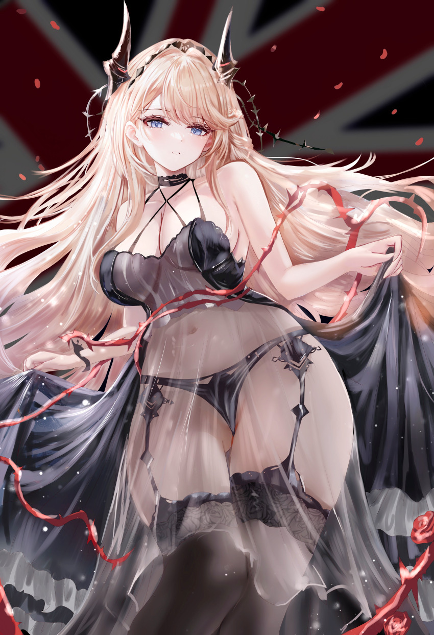 1girl, absurdres, age_fx, azur_lane, bare_shoulders, black_dress, black_panties, blonde_hair, blue_eyes, blush, breasts, cleavage, commentary_request, dress, from_below, garter_straps, glorious_(azur_lane), glorious_(meta)_(azur_lane), grin, hair_over_one_eye, highres, hip_focus, horns, light_smile, long_hair, looking_at_viewer, looking_down, medium_breasts, medium_dress, navel, panties, see-through_clothes, see-through_dress, sleeveless, sleeveless_dress, smile, solo, stomach, thighhighs, thighs, underwear, union_jack, very_long_hair