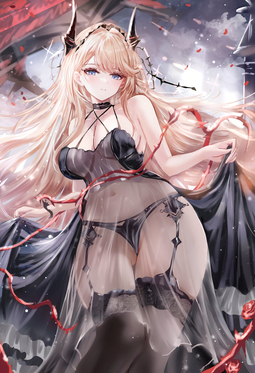 1girl, absurdres, age_fx, azur_lane, bare_shoulders, black_dress, black_panties, black_thighhighs, blonde_hair, blue_eyes, blush, breasts, cleavage, clothes_lift, collarbone, commentary_request, dress, dress_lift, falling_petals, flower, from_below, garter_straps, glorious_(azur_lane), glorious_(meta)_(azur_lane), grey_background, grin, hair_over_one_eye, highres, hip_focus, horns, large_breasts, light_particles, light_smile, long_hair, looking_at_viewer, looking_down, medium_breasts, medium_dress, navel, open_mouth, panties, parted_lips, petals, red_flower, red_rose, rigging, rose, see-through_clothes, see-through_dress, sleeveless, sleeveless_dress, smile, solo, standing, stomach, thighhighs, thighs, thorns, underwear, very_long_hair