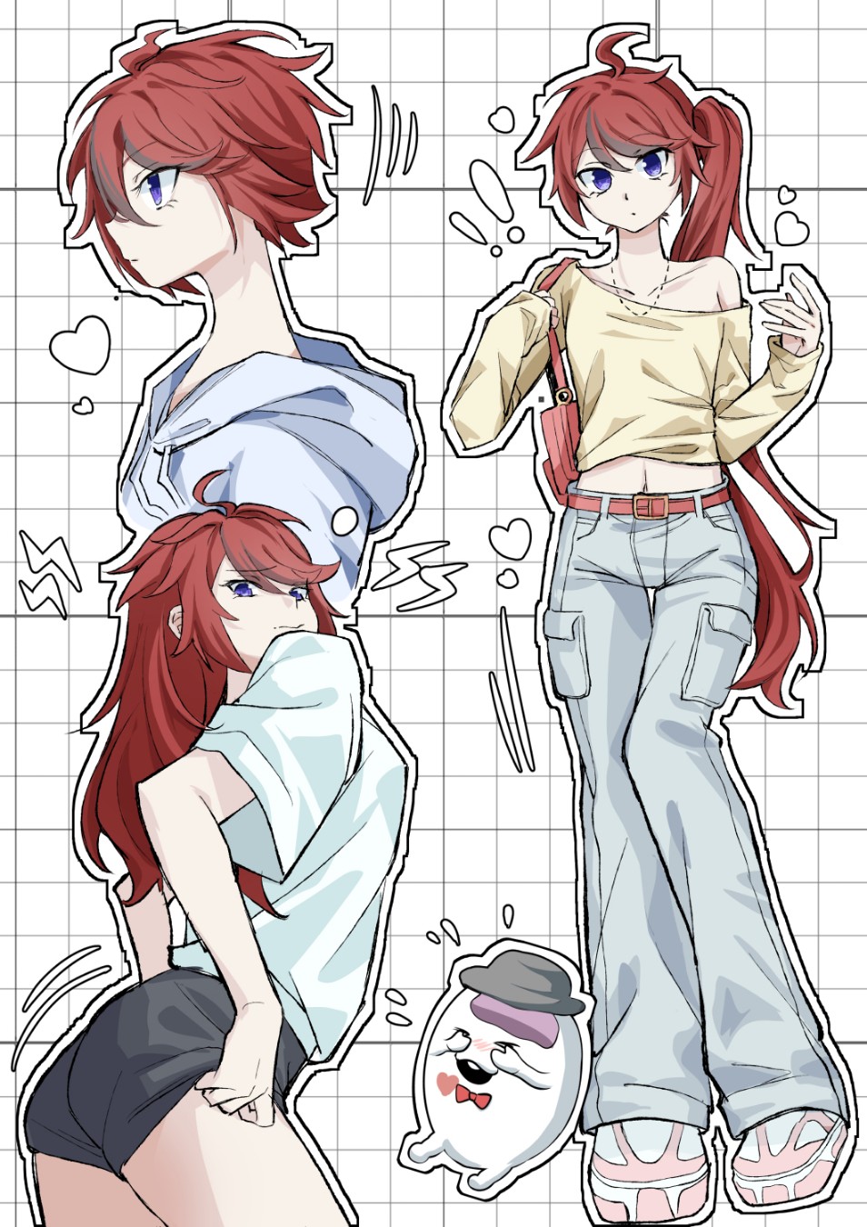 1girl, ahoge, alternate_hairstyle, ass, bag, black_hair, black_shorts, blue_eyes, bow, bowtie, closed_mouth, collarbone, denim, female_focus, genderswap, genderswap_(mtf), hair_between_eyes, handbag, hands_up, hat, heart, highres, jeans, long_hair, looking_at_viewer, multicolored_hair, multiple_views, navel, pants, ponytail, red_hair, shirt, shorts, simple_background, sirei_(hundred_line), solo, solo_focus, sumino_takumi, the_hundred_line_-last_defense_academy-, white_background, yellow_shirt