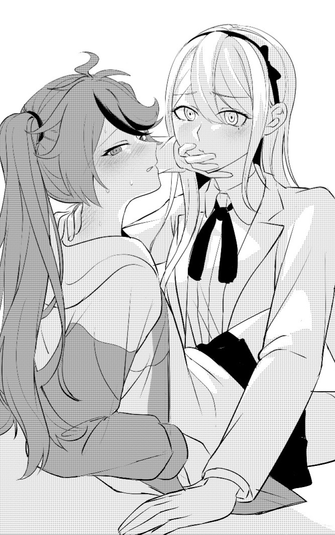 2girls, black_bow, black_hairband, black_headband, black_ribbon, black_skirt, blush, bow