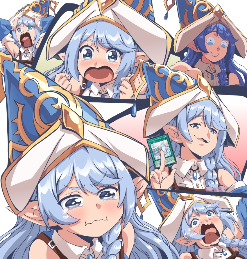 1girl, aqua_(konosuba), arms_up, bare_shoulders, blue_eyes, blue_hair, blue_hat, blue_sleeves, blush, braid, breast_strap, card, closed_mouth, collared_dress, commentary, crying, crying_aqua_(meme), crying_with_eyes_open, detached_sleeves, dress, duel_monster, elf, english_commentary, hair_between_eyes, hat, highres, holding, holding_card, kono_subarashii_sekai_ni_shukufuku_wo!, lewdamone, long_hair, meme, multiple_expressions, multiple_views, open_mouth, panicking, pointy_ears, rite_of_aramesir, side_braid, sidelocks, single_braid, smug, swept_bangs, tantrum, tears, trading_card, upper_body, water_enchantress_of_the_temple, white_dress, witch_hat, yu-gi-oh!