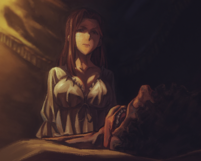 1girl, breasts, cleavage, elea_the_red_tag, highres, ishura, large_breasts, long_hair, stitched, third-party_edit