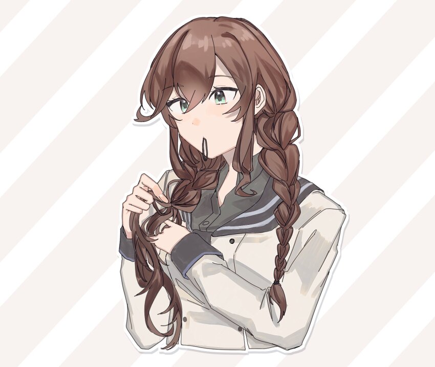 1girl, adjusting_hair, black_sailor_collar, black_shirt, braid, brown_hair, cropped_torso, diagonal-striped_background