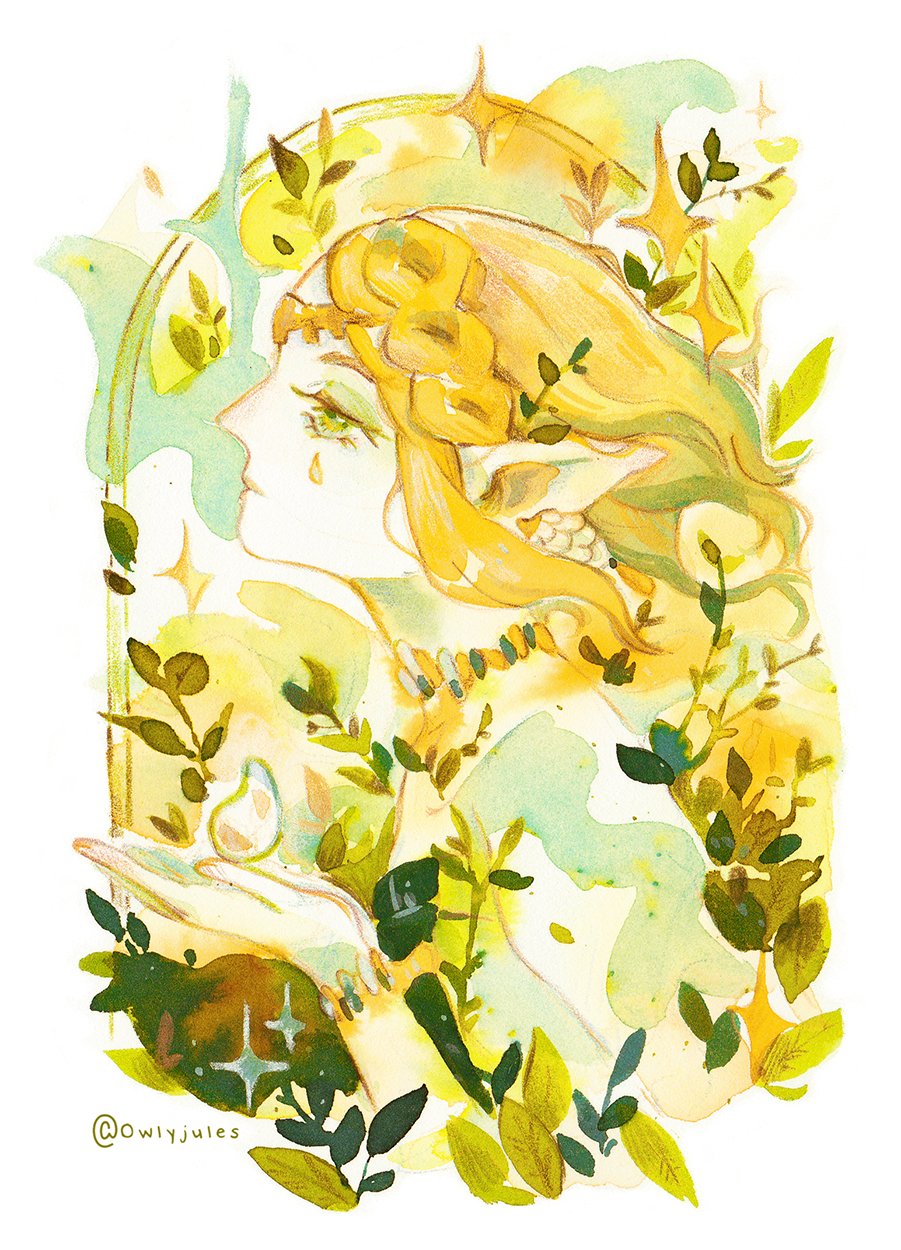 1girl, blonde_hair, border, choker, from_side, highres, holding, jewelry, leaf, long_hair, necklace, nintendo, owlyjules, painting_(medium), plant, pointy_ears, princess_zelda, profile, solo, sparkle, the_legend_of_zelda, the_legend_of_zelda:_tears_of_the_kingdom, traditional_media, twitter_username, upper_body, watercolor_(medium), white_border, yellow_eyes, yellow_theme