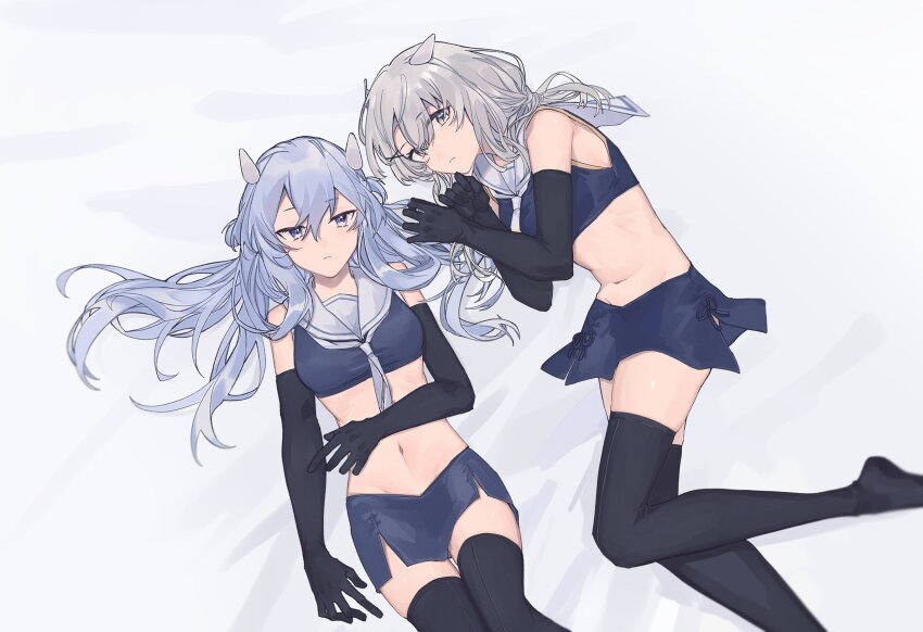 2girls, black_gloves, black_thighhighs, blue_eyes, blue_hair, blue_skirt, breasts, closed_mouth, crop_top, elbow_gloves, gloves, grey_eyes, grey_hair, hair_between_eyes, hair_ornament, headgear, highres, i-201_(kancolle), i-203_(kancolle), kabe_(inunufuwafuwa), kantai_collection, long_hair, looking_at_viewer, lying, medium_breasts, midriff, multiple_girls, neckerchief, on_back, on_side, sailor_collar, skirt, sleeveless, stomach, thighhighs, x_hair_ornament
