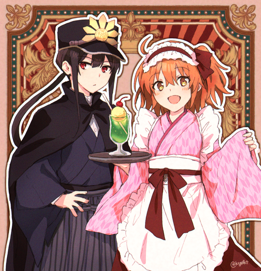 1boy, 1girl, :d, ahoge, alternate_costume, apron, black_cape, black_hair