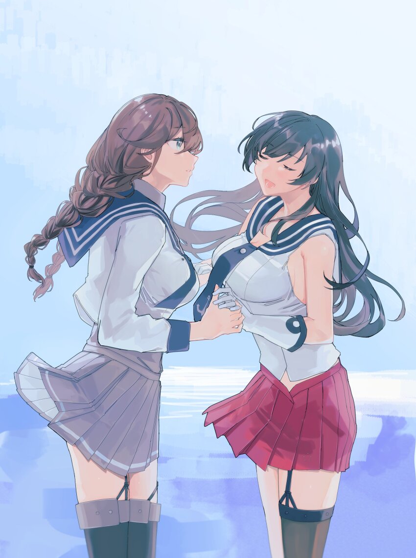 2girls, absurdres, agano_(kancolle), anchor_symbol, black_hair, black_sailor_collar, black_thighhighs, braid