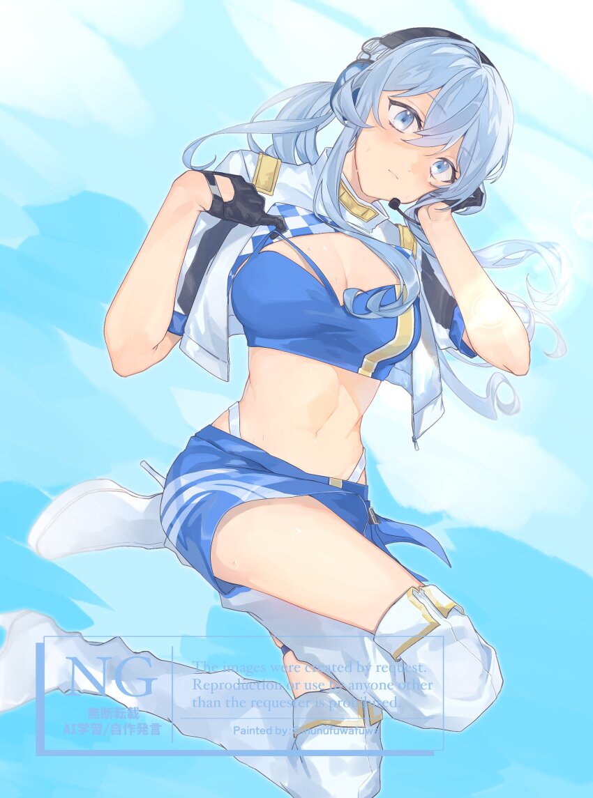 1girl, absurdres, black_gloves, blue_background, blue_eyes, blue_hair, blue_skirt, boots