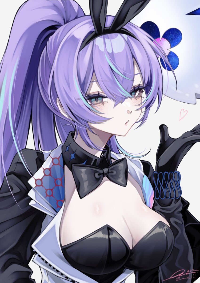 1girl, 1other, 402_(o0_xxx), animal_ear_hairband, animal_ears, black_bow, black_bowtie, black_gloves