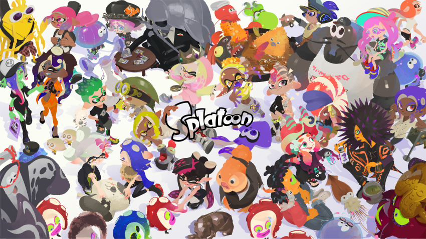 +_+, :d, absurdres, agent_3_(splatoon), agent_8_(splatoon), animal, annie_(splatoon), aqua_eyes