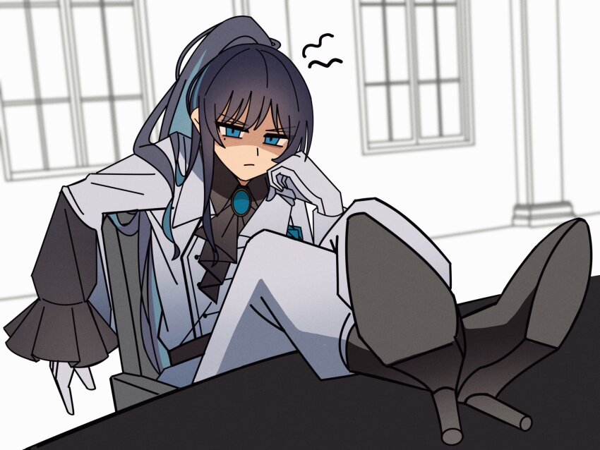1girl, ado_(utaite), black_hair, black_shoes, blue_eyes, blue_hair, chando_(ado), colored_inner_hair, commentary_request, feet_on_table, gloves, high_heels, highres, long_hair, long_sleeves, looking_at_viewer, mole, mole_under_eye, multicolored_hair, pants, pike_(azas_ef), ponytail, shoe_soles, shoes, sitting, solo, utaite, white_gloves, white_pants