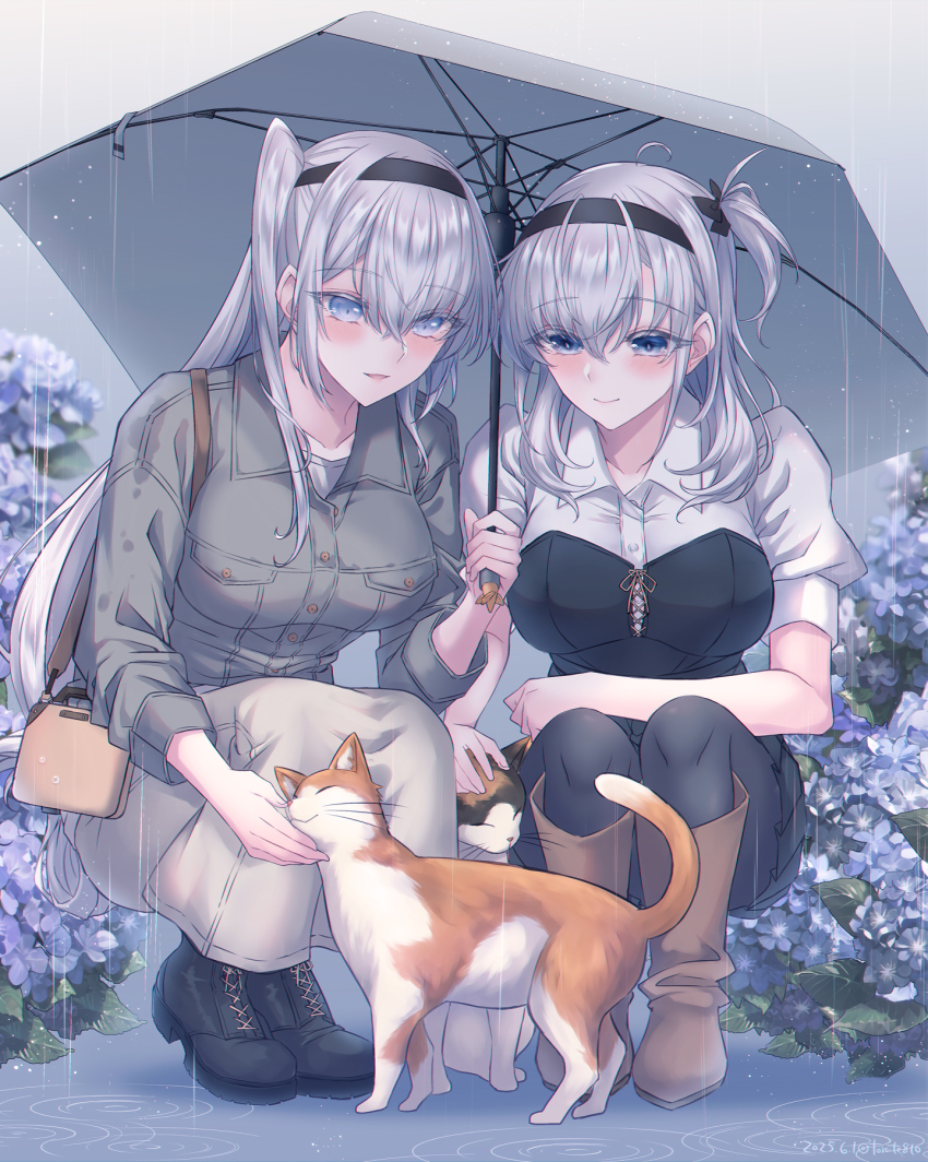 2girls, animal, black_boots, black_headband, black_pantyhose, black_ribbon, black_skirt, blue_eyes, blue_flower, blush, boots, breasts, brown_boots, cat, chromatic_aberration, closed_mouth, flower, fuyutsuki_(kancolle), fuyutsuki_(rainy_season)_(kancolle), grey_hair, grey_skirt, hair_between_eyes, hair_ribbon, headband, highres, holding, kabocha_torute, kantai_collection, large_breasts, long_hair, multiple_girls, one_side_up, pantyhose, parted_lips, petting, puffy_short_sleeves, puffy_sleeves, rain, ribbon, shared_umbrella, shirt, short_sleeves, simple_background, skirt, squatting, suzutsuki_(kancolle), umbrella, very_long_hair, wet, wet_clothes