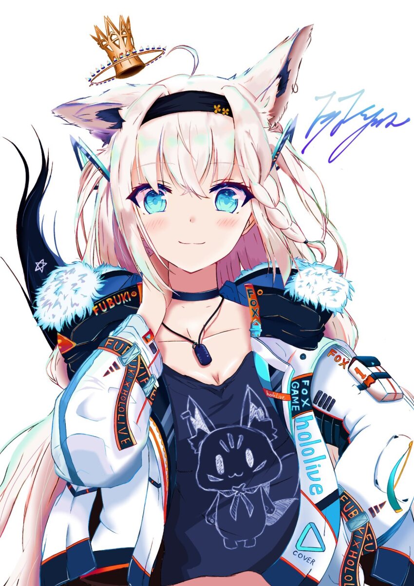 1girl, ahoge, and66125072, animal_ear_fluff, animal_ears, black_choker, black_hairband, black_shirt, blush, braid, breasts, choker, cleavage, commentary_request, crown, dog_tags, earrings, fox_ears, fox_girl, fox_tail, fur-trimmed_jacket, fur_trim, green_eyes, hair_between_eyes, hairband, hand_on_own_neck, highres, hololive, jacket, jewelry, long_hair, looking_at_viewer, mini_crown, pentagram, shirakami_fubuki, shirakami_fubuki_(fubukitek), shirakami_fubuki_(loungewear), shirakami_fubuki_(saint), shirt, sidelocks, signature, simple_background, single_braid, smile, solo, tail, virtual_youtuber, white_background, white_hair, white_jacket