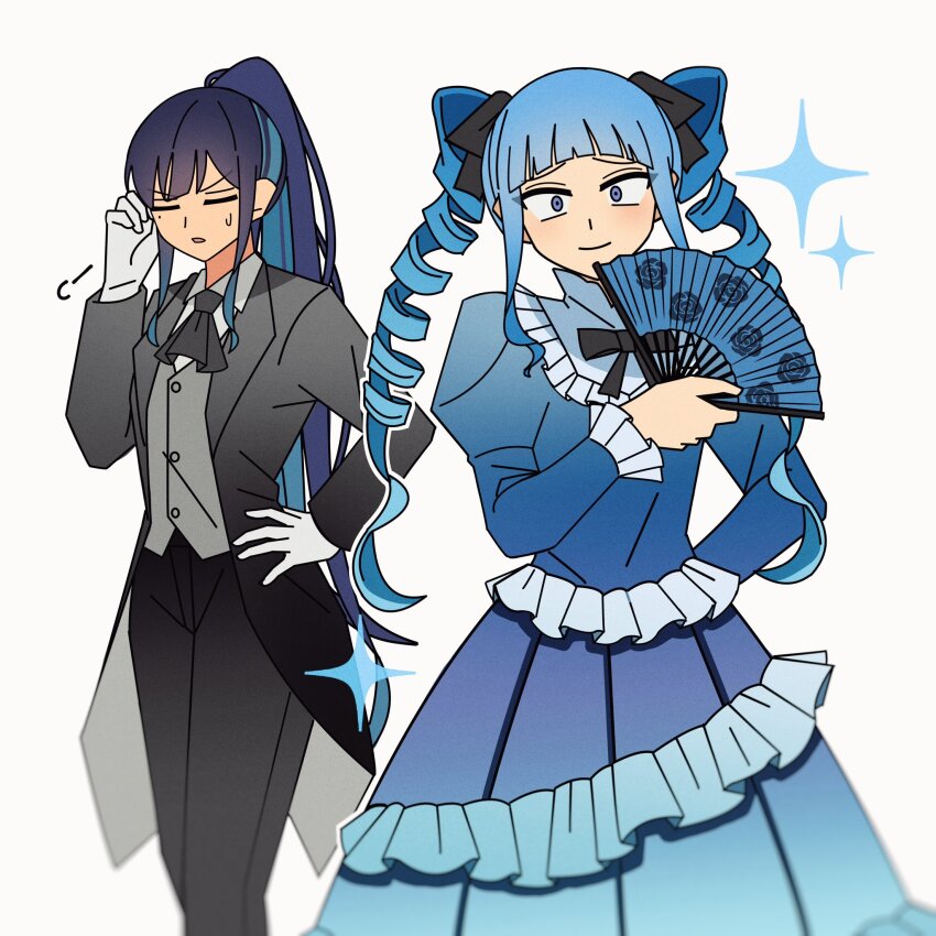 2girls, ado_(utaite), ascot, black_ascot, black_coat, black_pants, blue_dress, blue_eyes