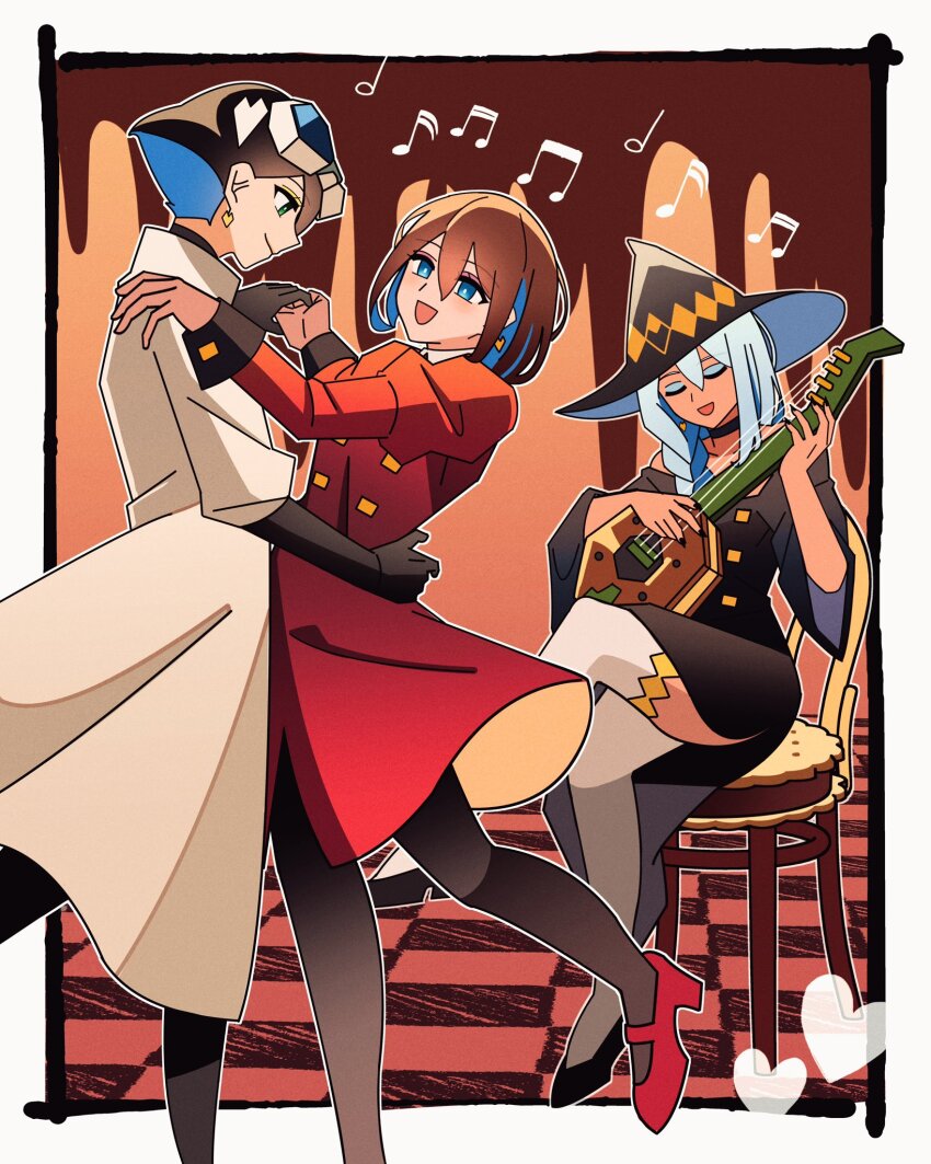 3girls, ado_(utaite), black_dress, black_gloves, black_hair, black_hat, black_nails, black_pantyhose