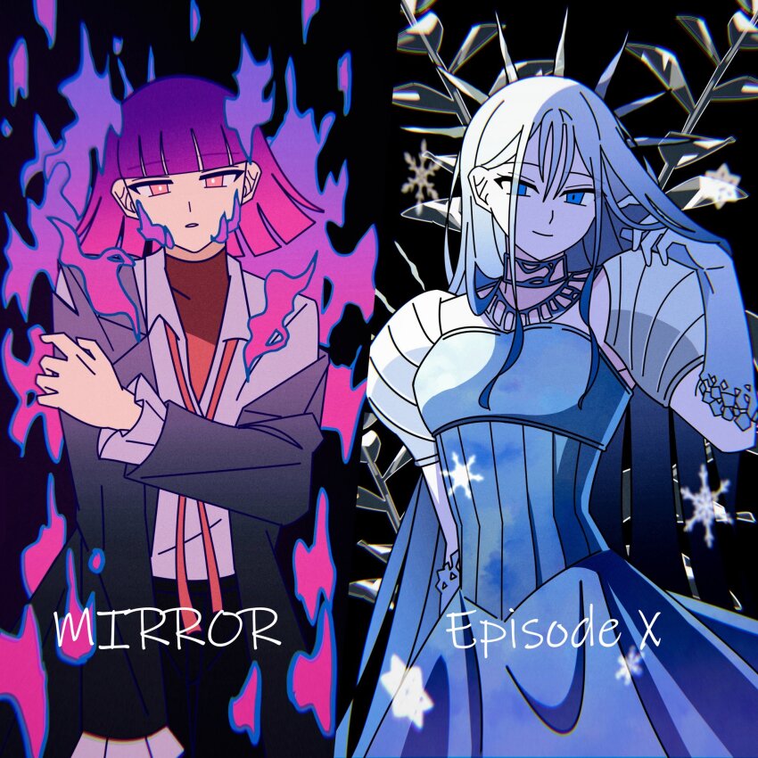 2girls, ado_(utaite), black_background, black_jacket, blue_dress, blue_eyes, commentary, doctor-x