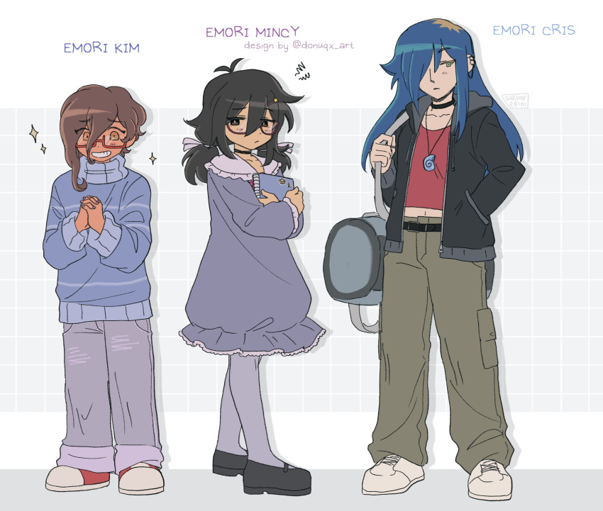 3girls, alternate_hair_length, alternate_hairstyle, alternate_universe, antenna_hair, artist_name, asymmetrical_hair, bag