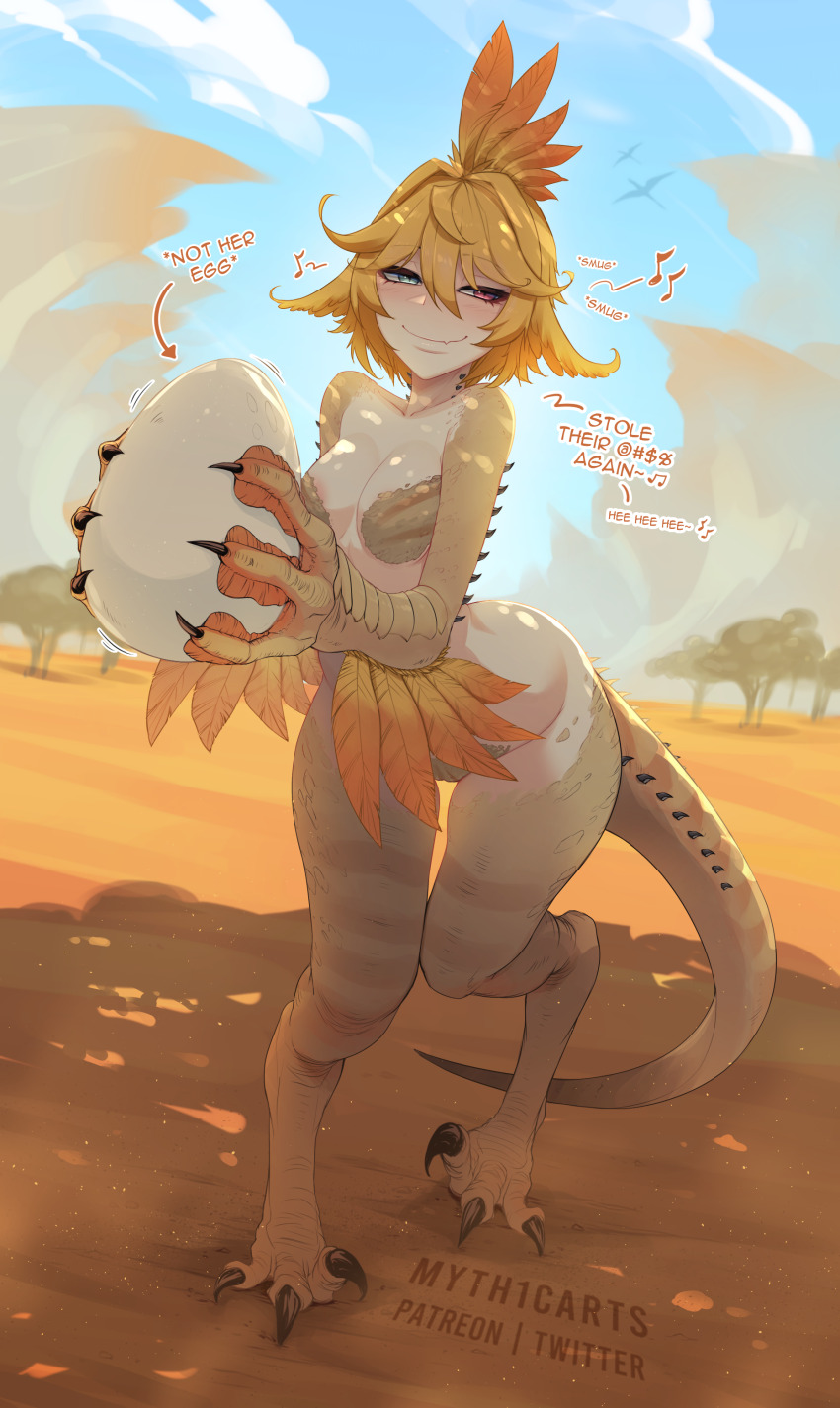 1girl, absurdres, arrow_(symbol), artist_name, blonde_hair, breasts, claws, closed_mouth, cloud, dokibird, egg, english_text, feather_hair, furry, green_eyes, hair_between_eyes, heterochromia, highres, holding, holding_egg, indie_virtual_youtuber, kulu-ya-ku, medium_breasts, monster_girl, monster_hunter_(series), motion_lines, musical_note, myth1carts, orange_feathers, red_eyes, shadow, short_hair, sky, smile, solo, tail, talons, tree, virtual_youtuber
