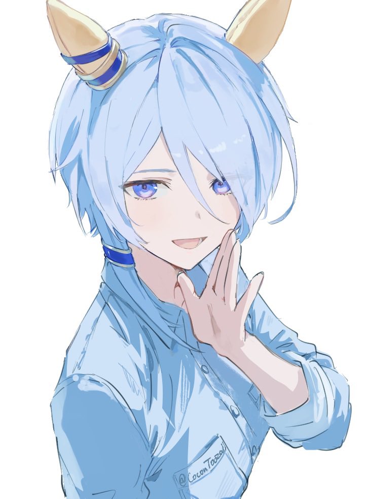 1girl, animal_ears, blue_eyes, blue_hair, blue_shirt, breast_pocket, cocontoozai, collared_shirt