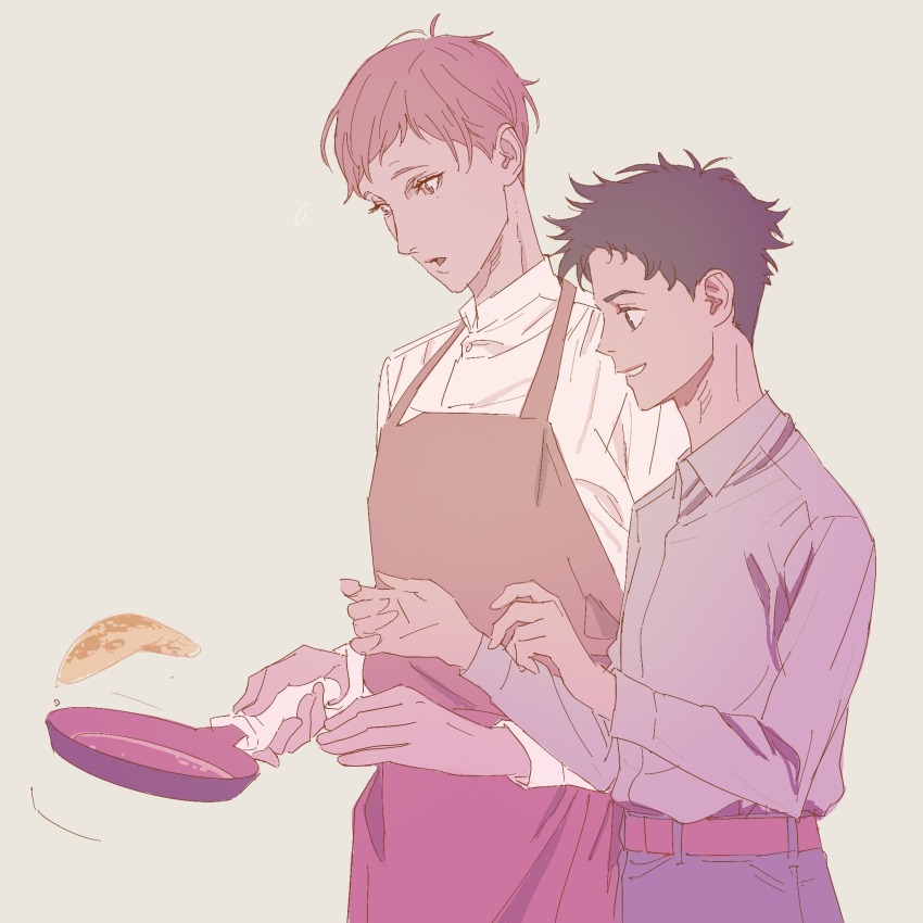 2boys, 55bata6rou, apron, ballroom_e_youkoso, belt, black_hair, blue_pants, brown_eyes