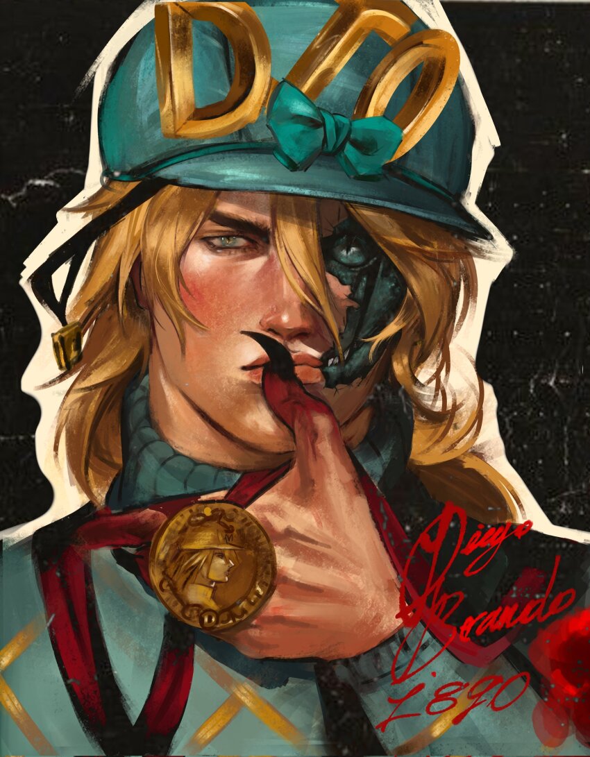 1boy, argyle_clothes, argyle_sweater, black_background, blonde_hair, blood, blood_on_face, blood_on_hands, blue_bow, blue_eyes, blue_helmet, blue_sweater, bow, character_name, claws, closed_mouth, commentary, cracked_skin, daniimouwry, diego_brando, english_commentary, english_text, fingernails, hair_between_eyes, helmet, highres, jojo_no_kimyou_na_bouken, long_sleeves, looking_at_viewer, male_focus, medal, medium_hair, scary_monsters_(stand), sharp_fingernails, solo, stand_(jojo), steel_ball_run, sweater, transformation, turtleneck, turtleneck_sweater