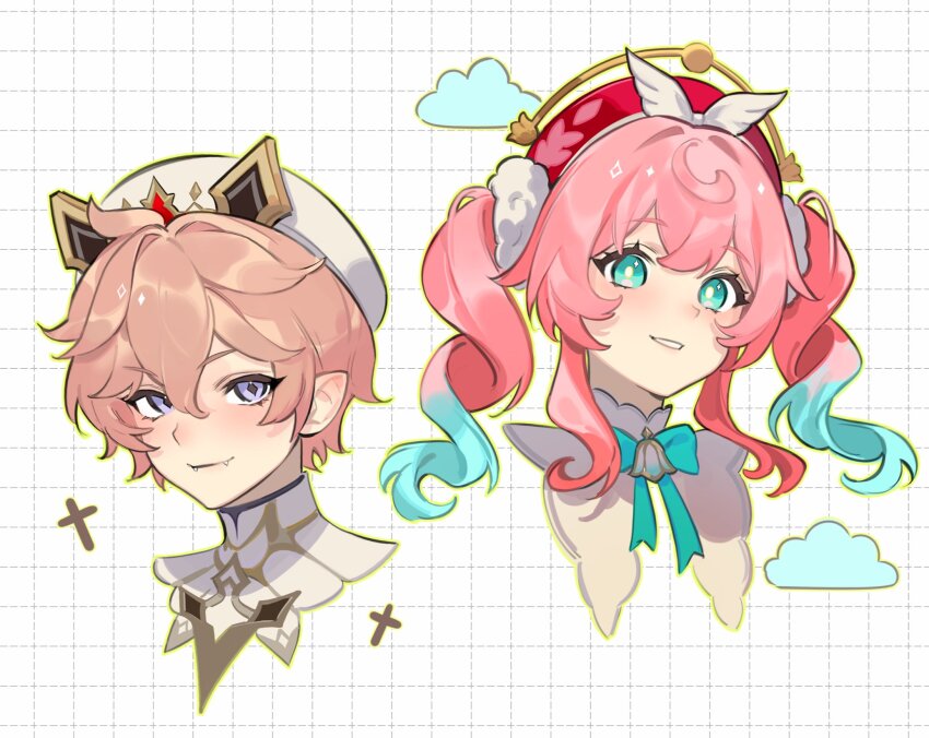 1boy, 1girl, aqua_eyes, aqua_hair, blush, closed_mouth, commentary, cropped_shoulders