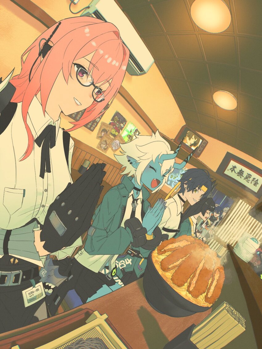 014115r, 2boys, 4girls, animal_ears, aqua_jacket, asaba_harumasa, belle_(zenless_zone_zero), black_gloves, black_hair, black_skirt, blue_hair, blue_oni, blue_skin, collared_shirt, colored_skin, food, fox_ears, fox_girl, gloves, hair_between_horns, headband, highres, hoshimi_miyabi, indoors, jacket, long_hair, multiple_boys, multiple_girls, oni, open_clothes, open_jacket, palms_together, pencil_skirt, pink_eyes, pink_hair, shirt, short_hair, skirt, smile, soukaku_(zenless_zone_zero), tsukishiro_yanagi, white_hair, white_shirt, wise_(zenless_zone_zero), yellow_eyes, yellow_headband, zenless_zone_zero