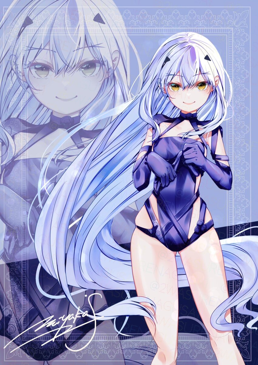 1girl, artist_name, bare_legs, blue_background, blue_gloves, blue_leotard, blush, bondage_outfit, breasts, covered_navel, cowboy_shot, fate/grand_order, fate_(series), forked_eyebrows, full_body, gloves, highres, leotard, long_hair, looking_at_viewer, melusine_(fate), miyaka_(58305841), revealing_clothes, signature, small_breasts, smile, solo, thighs, white_hair, yellow_eyes