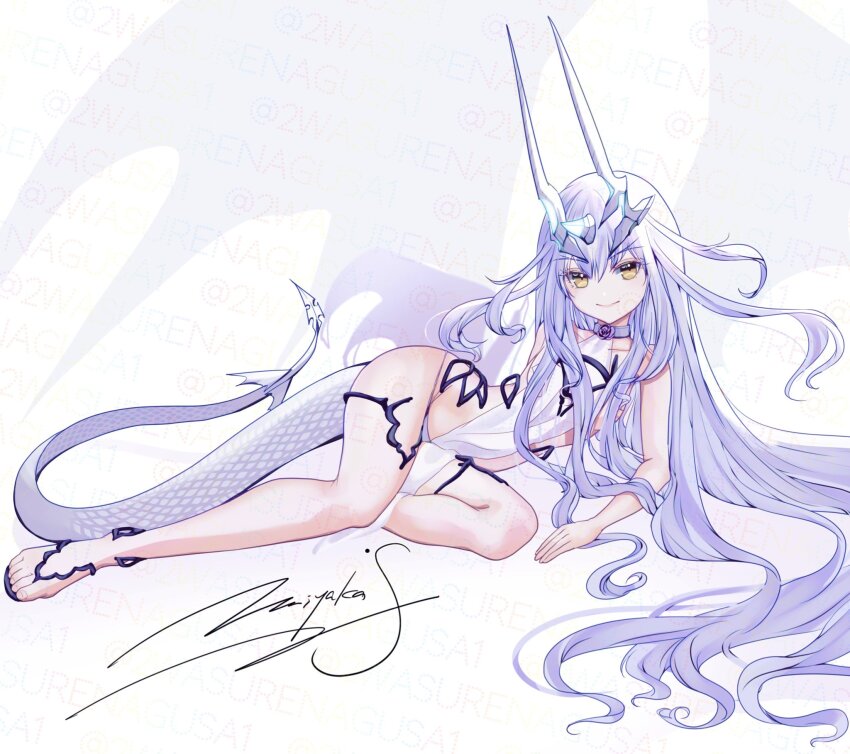 1girl, artist_name, bare_arms, bare_legs, bare_shoulders, bikini, bow, breasts, covered_navel, dragon_horn, dragon_tail, fate/grand_order, fate_(series), forked_eyebrows, full_body, highres, horns, long_hair, long_horns, looking_at_viewer, lying, melusine_(fate), melusine_(swimsuit_ruler)_(fate), melusine_(swimsuit_ruler)_(third_ascension)_(fate), miyaka_(58305841), navel, platform_heels, purple_bow, sandals, sidelocks, signature, simple_background, small_breasts, smile, solo, swimsuit, tail, thighs, very_long_hair, white_background, white_bikini, white_hair, yellow_eyes