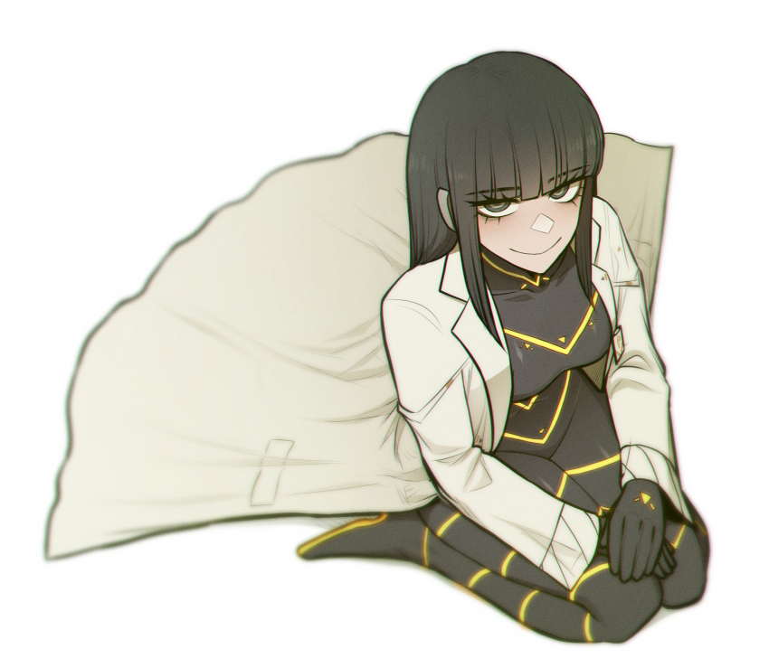 1girl, black_bodysuit, black_eyes, black_gloves, black_hair, blunt_bangs, bodysuit, cesara_(project_moon)