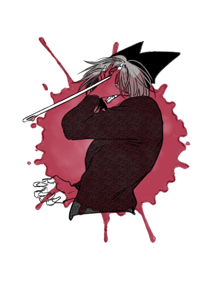 1boy, animal_hat, blood, cat_hat, clenched_teeth, commentary_request, cropped_torso, eye_mask