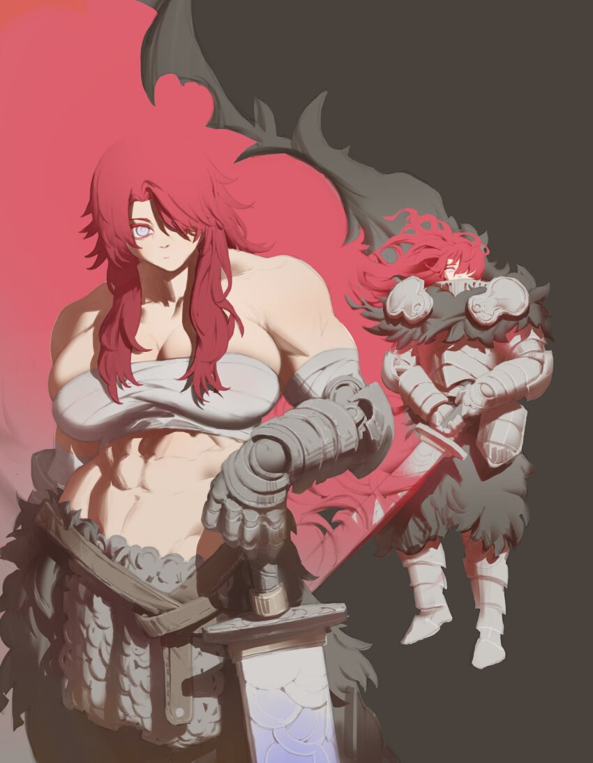 1girl, abs, absurdres, angvall, armor, breasts, centuria, centuria_(manga), chainmail, cloak, fur_cloak, fur_trim, gauntlets, greatsword, highres, large_breasts, leather_belt, long_hair, muscular, muscular_female, pacpoi, pauldrons, plate_armor, purple_eyes, red_background, red_hair, sarashi, shoulder_armor, solo, sword, weapon