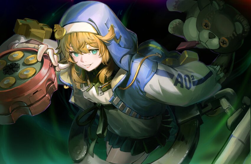 1boy, absurdres, androgyne_symbol, aqua_eyes, arm_up, black_skirt, blonde_hair, blue_jacket