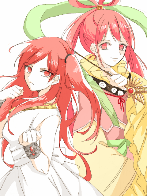 2girls, bracer, chinese_clothes, chinese_hairpin, dress, feixianji_(hairstyle), hagoromo, hair_ornament