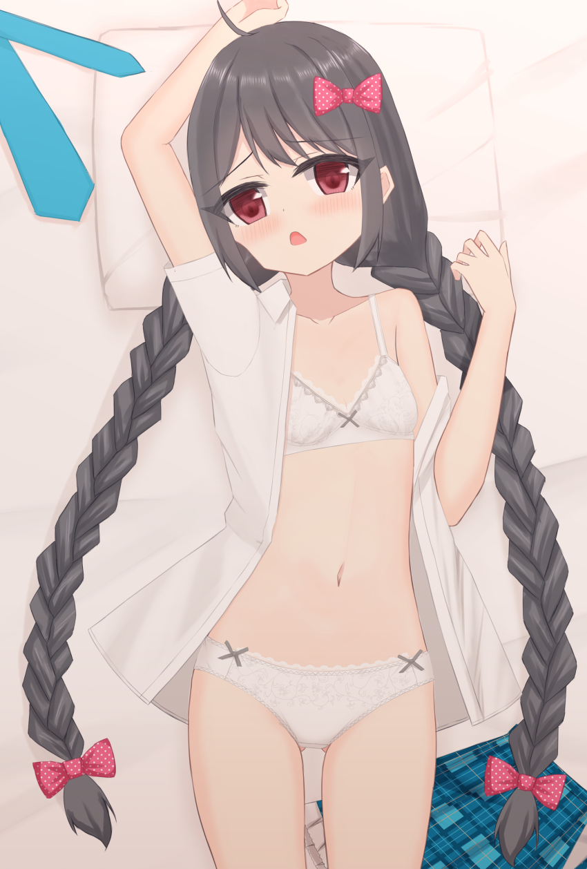1girl, absurdres, ahoge, arm_up, bed, black_hair, blue_necktie, blue_skirt, blush, bow, bow_bra, bow_panties, bra, braid, breasts, collarbone, embarrassed, floral_print, girlfriend_(kari), grey_bow, hair_bow, highres, lace, lace-trimmed_bra, lace-trimmed_panties, lace_trim, loli, long_hair, lying, navel, necktie, off-shoulder_shirt, off_shoulder, on_bed, open_clothes, open_mouth, open_shirt, panties, pillow, plaid_clothes, plaid_skirt, polka_dot, polka_dot_bow, print_bra, print_panties, red_bow, red_eyes, shirase_tsuzuri, shirt, shooko, short_sleeves, skirt, small_breasts, twin_braids, underwear, unworn_necktie, unworn_skirt, white_bra, white_panties, white_shirt