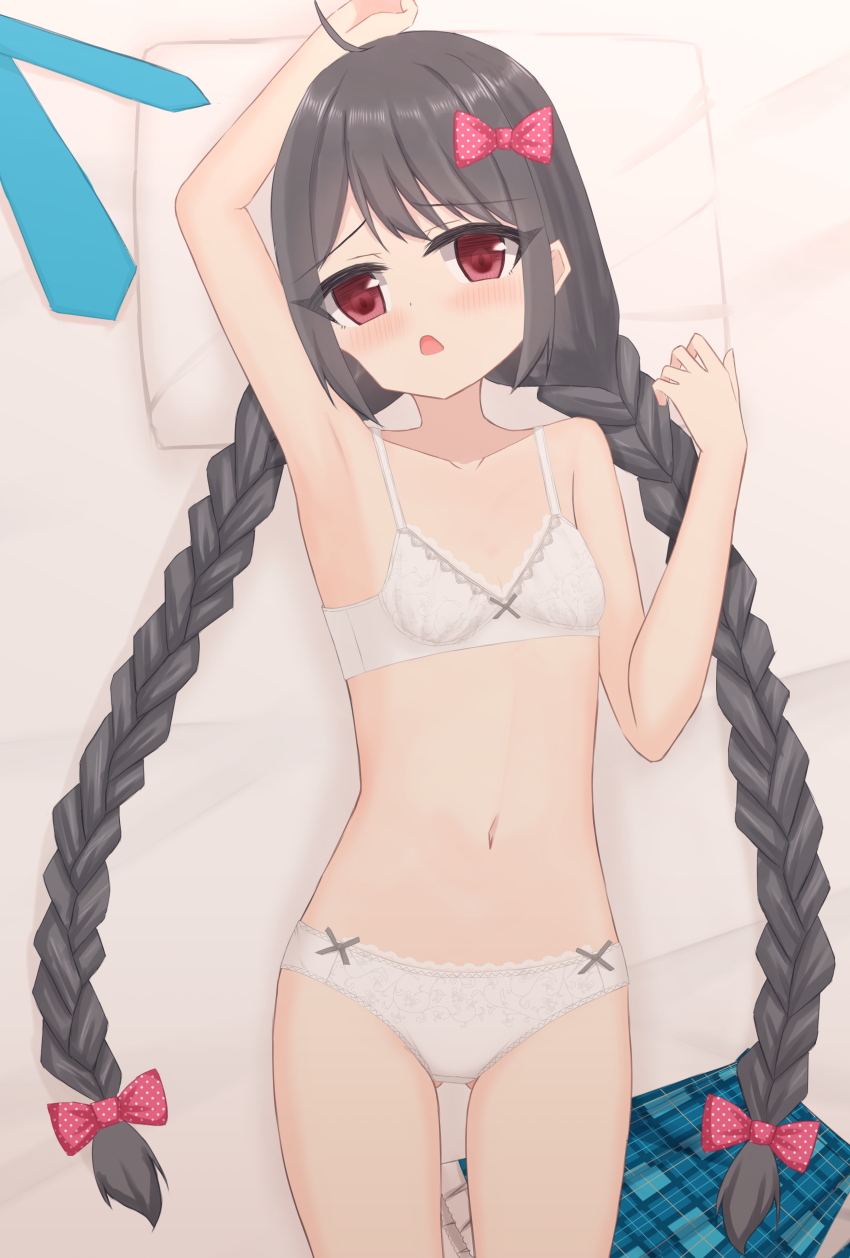 1girl, absurdres, ahoge, arm_up, bed, black_hair, blue_necktie, blue_skirt, blush, bow, bow_bra, bow_panties, bra, braid, breasts, collarbone, embarrassed, floral_print, girlfriend_(kari), grey_bow, hair_bow, highres, lace, lace-trimmed_bra, lace-trimmed_panties, lace_trim, loli, long_hair, lying, navel, necktie, on_bed, open_mouth, panties, pillow, plaid_clothes, plaid_skirt, polka_dot, polka_dot_bow, print_bra, print_panties, red_bow, red_eyes, shirase_tsuzuri, shooko, skirt, small_breasts, twin_braids, underwear, unworn_necktie, unworn_skirt, white_bra, white_panties