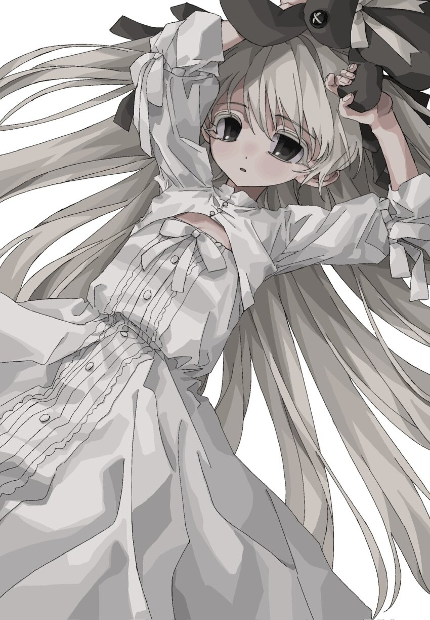 1girl, arms_up, colored_eyelashes, dress, flat_chest, frills, grey_eyes, highres, holding, kasugano_sora, long_hair, long_sleeves, looking_at_viewer, ludo_(grapewood1005), lying, on_back, ribbon, simple_background, solo, stuffed_animal, stuffed_toy, very_long_hair, white_background, white_dress, white_hair, white_ribbon, yosuga_no_sora