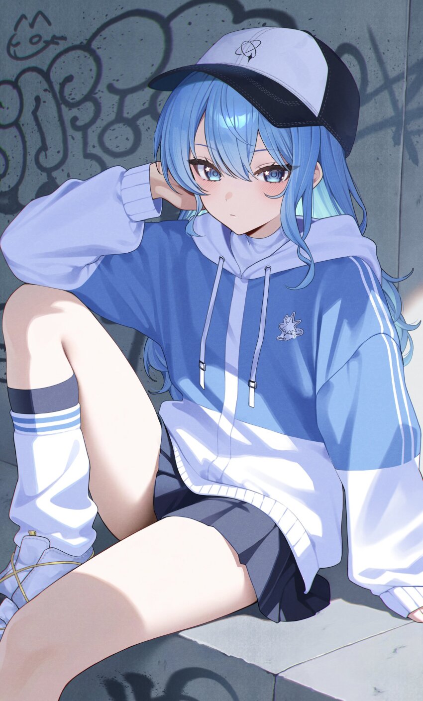 1girl, absurdres, asymmetrical_sidelocks, black_skirt, blue_eyes, blue_hair, blue_jacket, closed_mouth