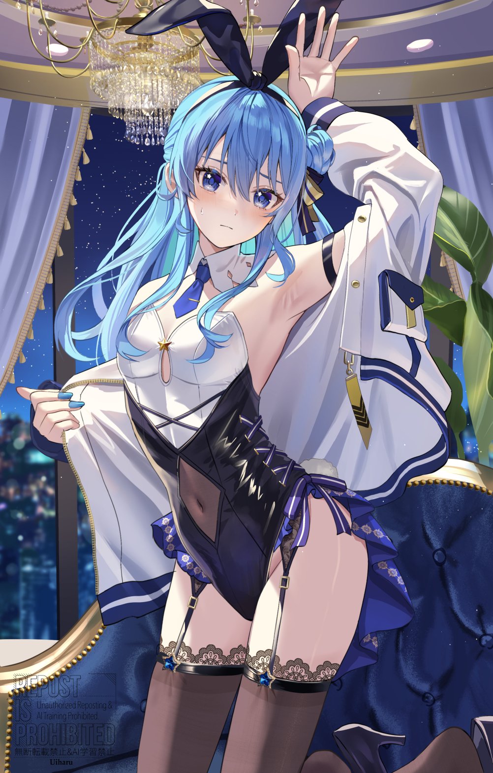 1girl, alternate_costume, animal_ear_hairband, animal_ears, arm_strap, arm_up, armpits, bare_shoulders