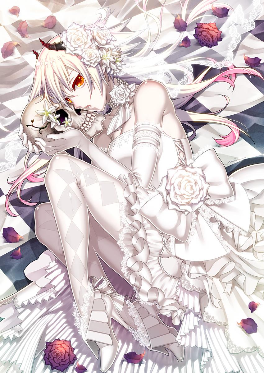 1girl, alteil_ii, argyle_clothes, argyle_thighhighs, demon_girl, dress, female_focus, flower