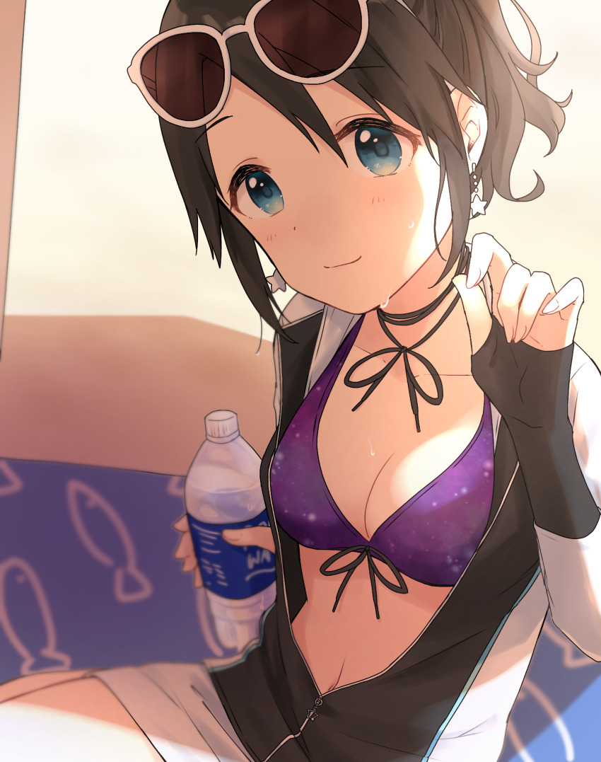1girl, animal_print, beach_towel, bikini, black_hair, blue_bikini, bottle, breasts