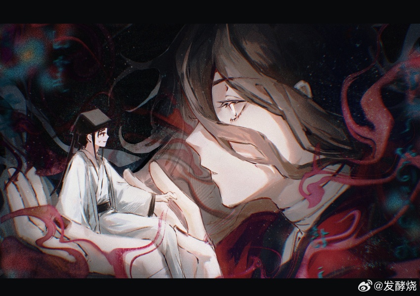 2boys, bandaged_arm, bandaged_neck, bandages, black_background, black_eyes, black_hair, black_hat