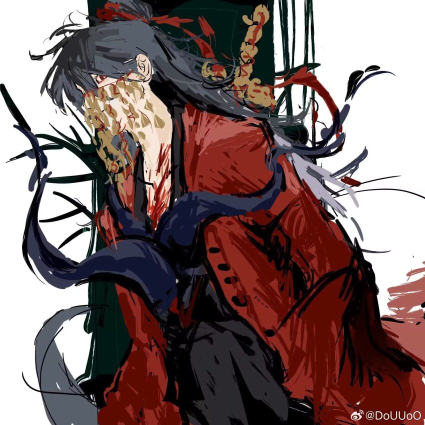 1boy, black_hair, black_hanfu, blood, blood_on_chest, blood_on_face, chinese_clothes, chinese_commentary