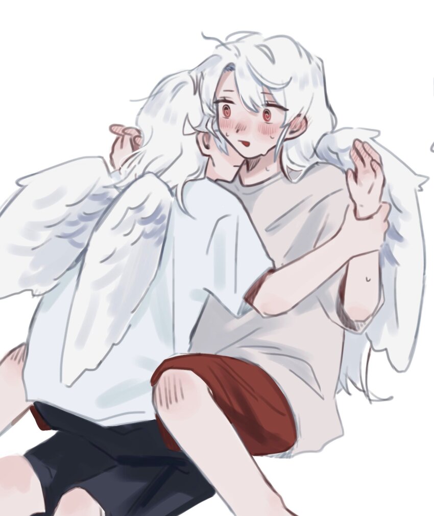 2girls, :|, @_@, angel_wings, between_legs, black_shorts, blush, chiyo_(love-bullet), closed_mouth, commentary, covered_eyes, ear_blush, ena_(love-bullet), face-to-face, feathered_wings, grey_shirt, hair_between_eyes, hand_blush, hands_up, hashtag-only_commentary, hatching_(texture), head_on_another's_shoulder, heads_together, highres, holding_another's_wrist, holding_hands, knee_blush, kneeling, knees_up, leaning_on_person, linear_hatching, love-bullet, medium_hair, muagiong, multiple_girls, nervous_sweating, nose_blush, open_mouth, red_eyes, red_shorts, shirt, short_sleeves, shorts, simple_background, sitting, sweat, white_background, white_hair, white_shirt, wings, yuri