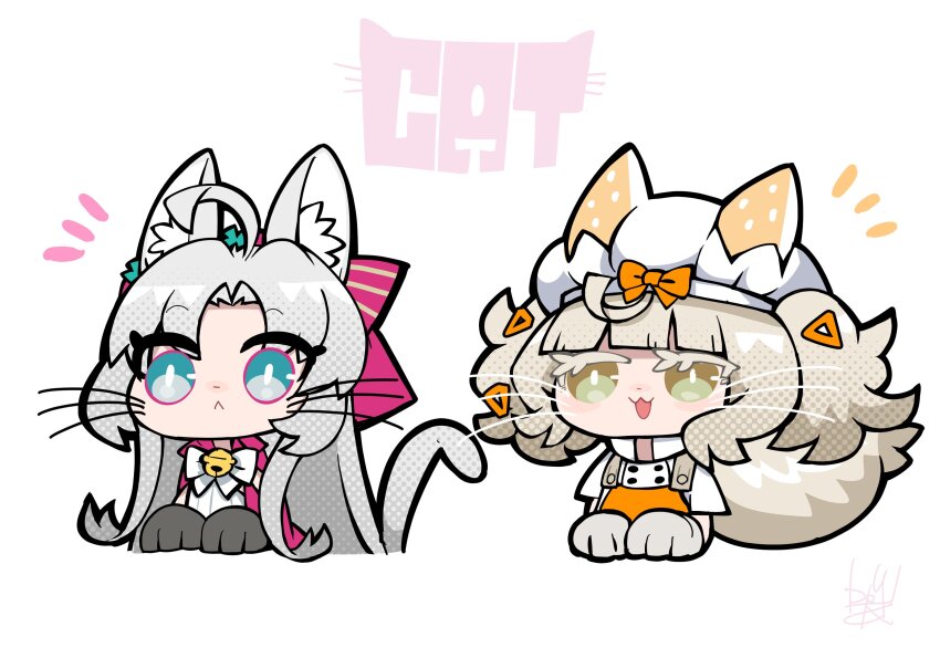 2girls, :<, animal_ear_fluff, animal_ears, aqua_eyes, blonde_hair, bow, bright_pupils