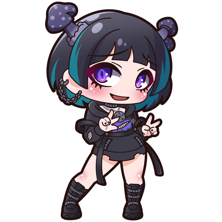 1girl, :d, absurdres, black_boots, black_hair, black_hoodie, black_nails, blue_hair