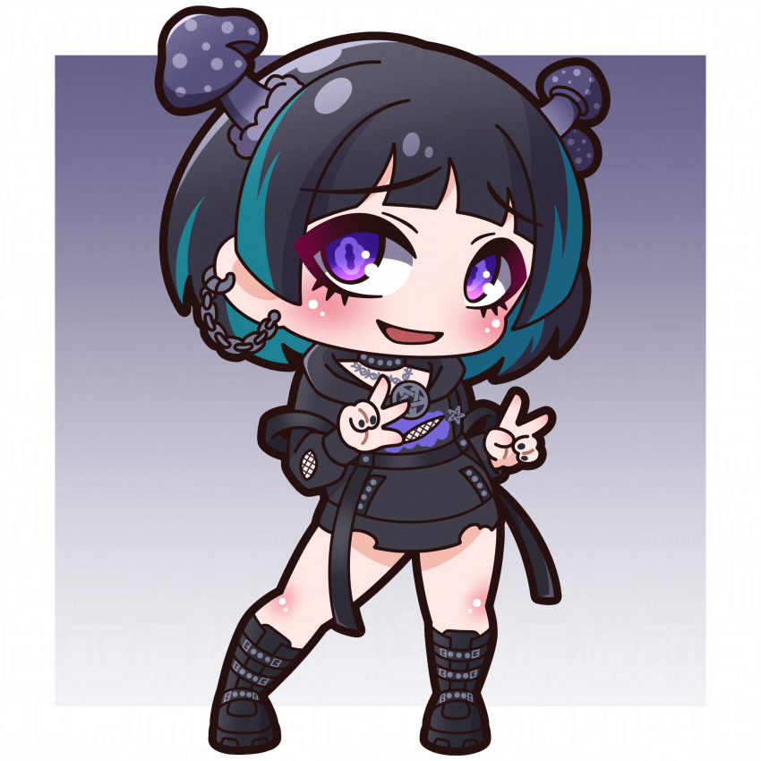 1girl, :d, absurdres, black_boots, black_hair, black_hoodie, black_nails, blue_hair